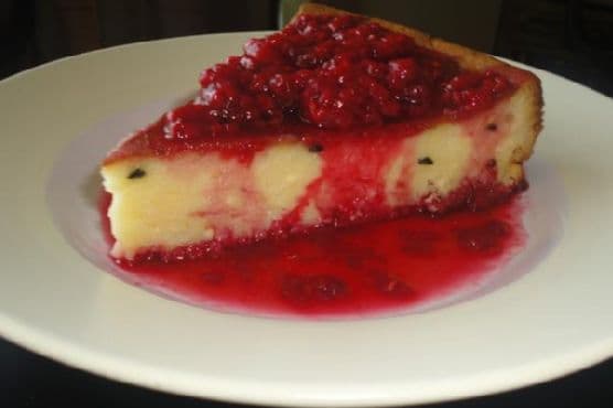 Baked Passion Fruit Cheesecake With Vanilla Raspberry Sauce