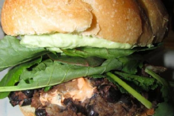 Chipotle Cheese Stuffed Black Bean Burgers with Avocado Creme