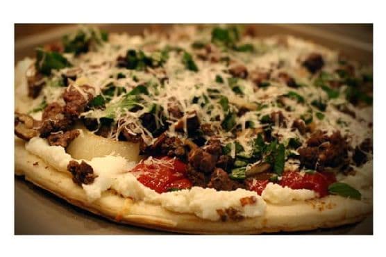 Elk Italian Sausage Pizza With Ricotta Cheese, Sautéd Mushrooms and Onion
