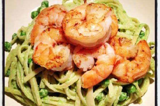 Linguini in a Creamy Pea Sauce and Sautéed Shrimp