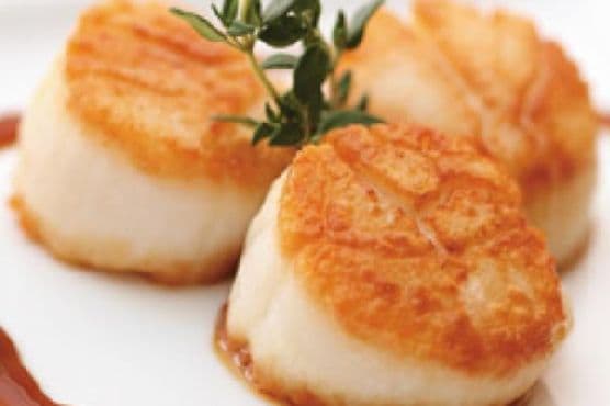 Pan Seared Fresh Maine Diver Scallops Creamy Avocado Champagne Grape Salad Teriyaki Cabernet Butter Sauce