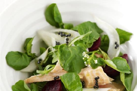 Salmon, Watercress, Fennel and Baby Beetroot Salad With Lemony "Caviar" Dressing