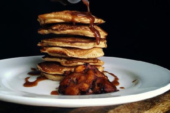 Tostone Stuffed Pancakes with a Chocolate Peanut Butter Syrup