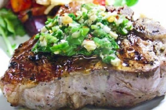 Pan Seared Lamb Loin With Chimichurri & Roasted Trio Squash Salad With Goat Cheese and Pinenuts