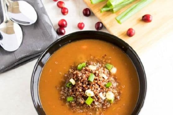 Red quinoa cranberry arugula soup